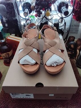 Clarks Women’s Beige Crisscross Slingback Wedge Sandals